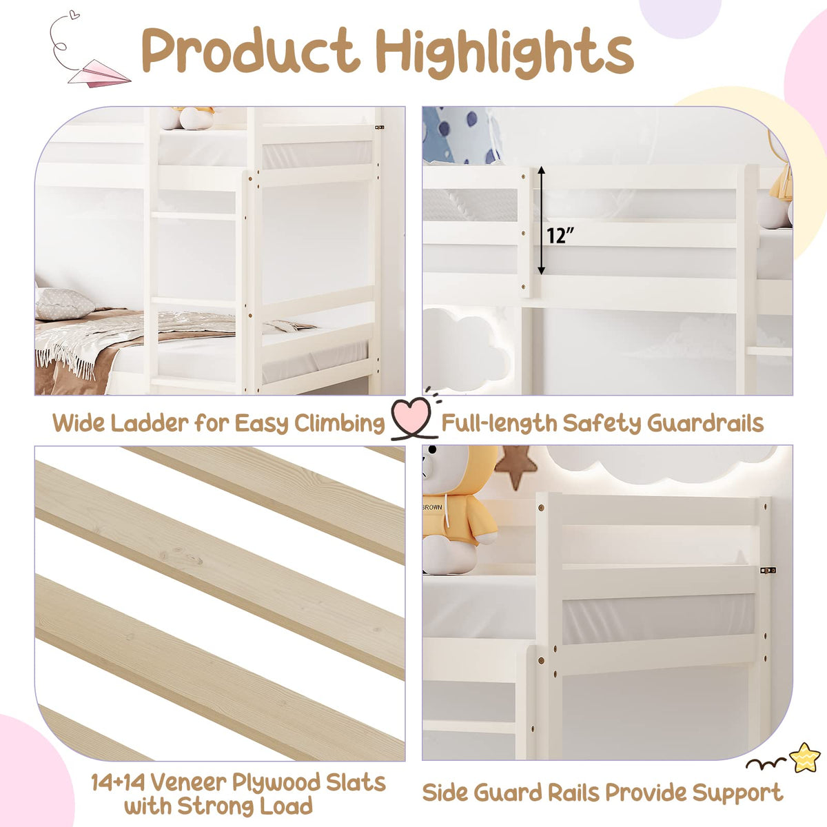 Wood Twin Over Twin Bunk Bed with Ladder & Safety Guardrail E614