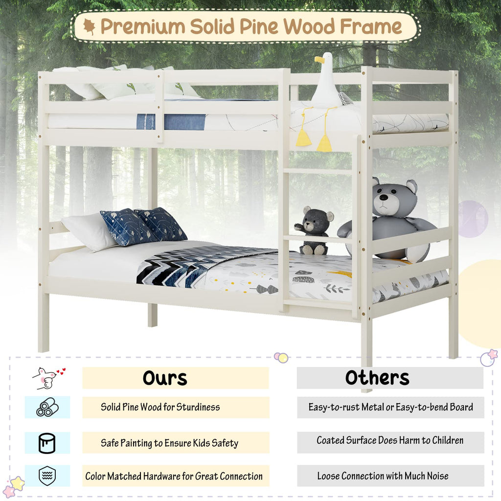 Wood Twin Over Twin Bunk Bed with Ladder & Safety Guardrail E614