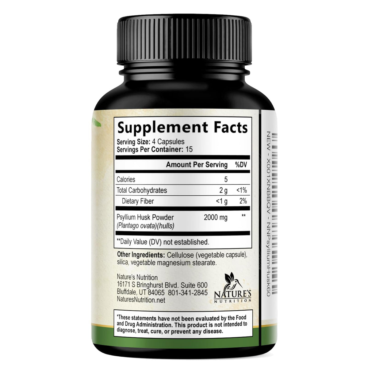Psyllium Husk Powder 2000mg Fiber Supplement 60 Capsules Q978735