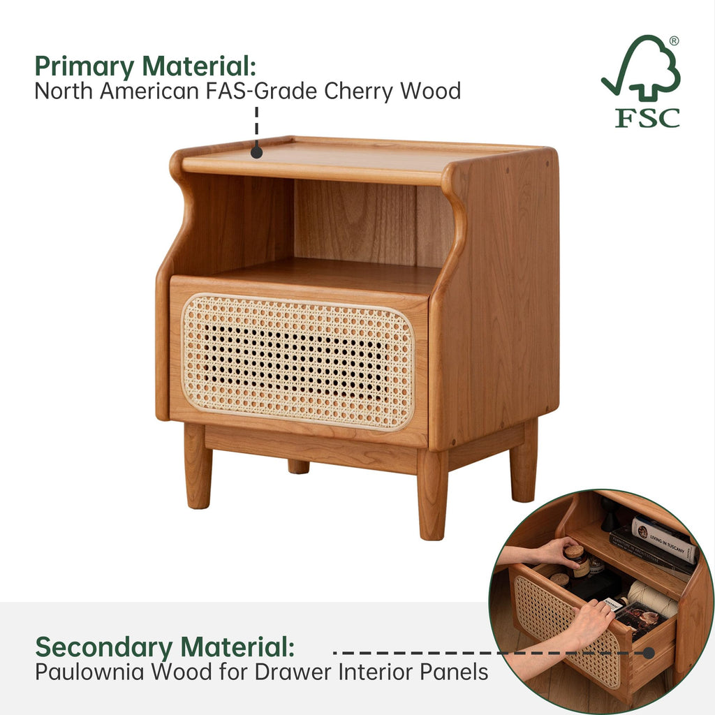 Cherry Wood Rattan Nightstand with Drawer N497677