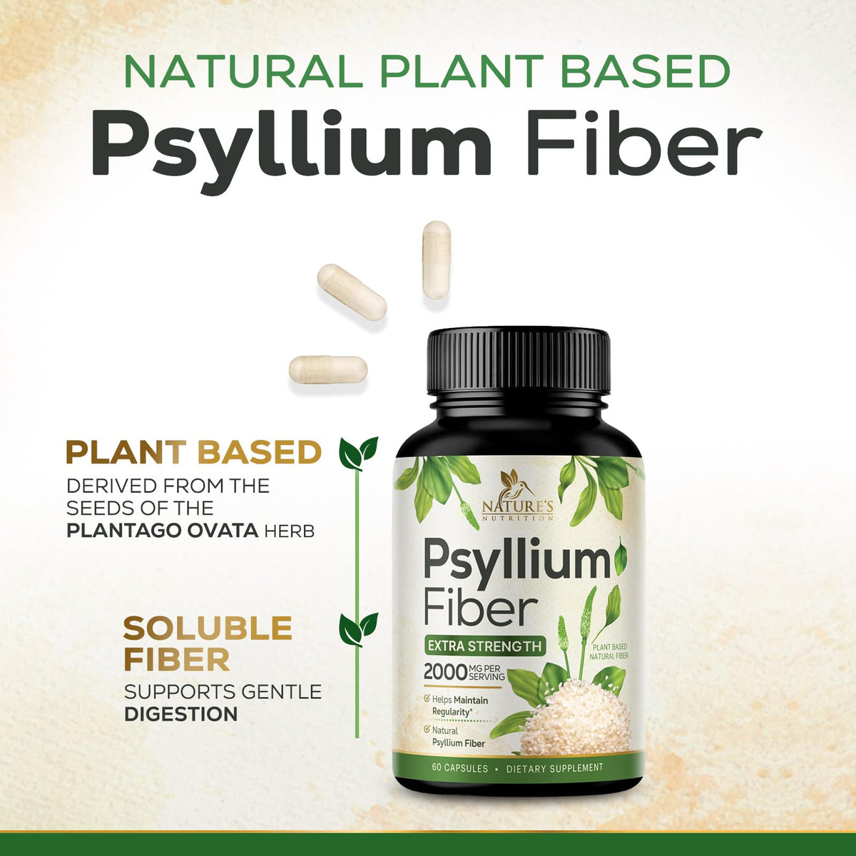Psyllium Husk Powder 2000mg Fiber Supplement 60 Capsules Q978735