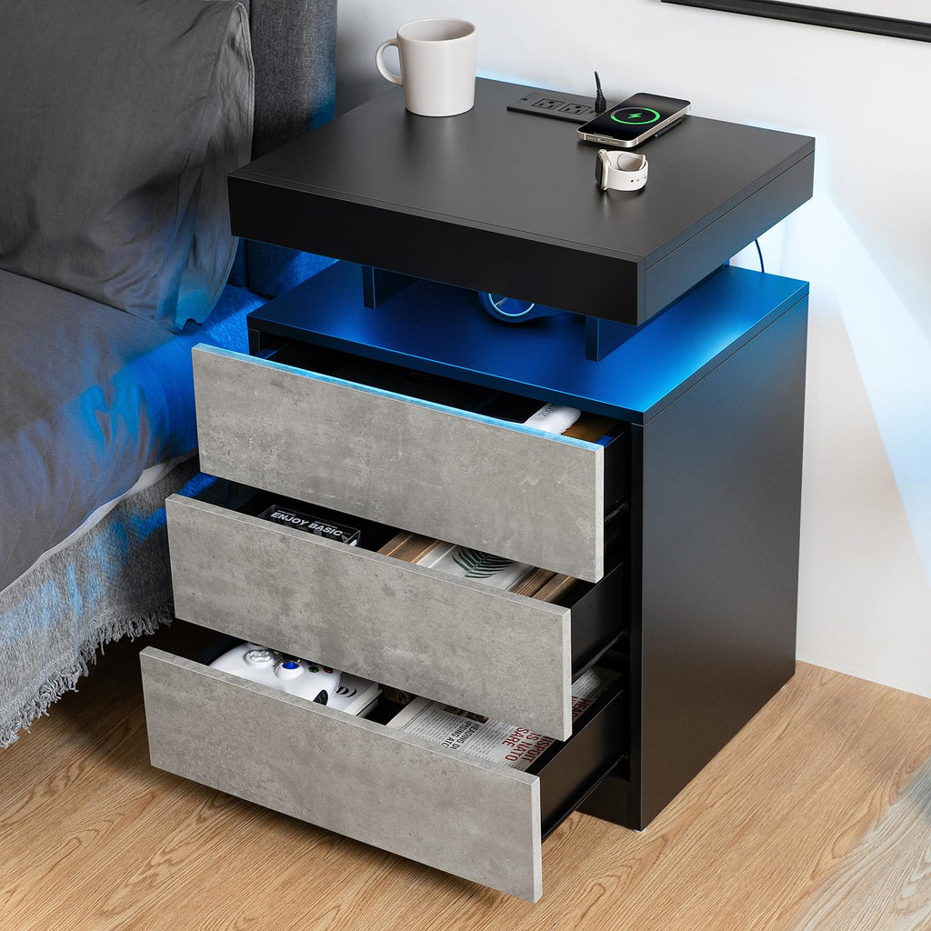 LED Nightstand with Wireless Charging Station & USB Ports, 3 Drawer High Gloss Gray F725