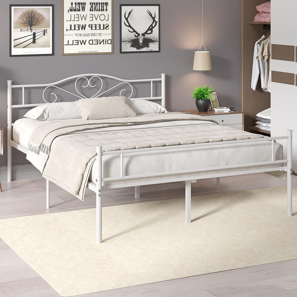 Full Size White Metal Platform Bed Frame with Headboard W992