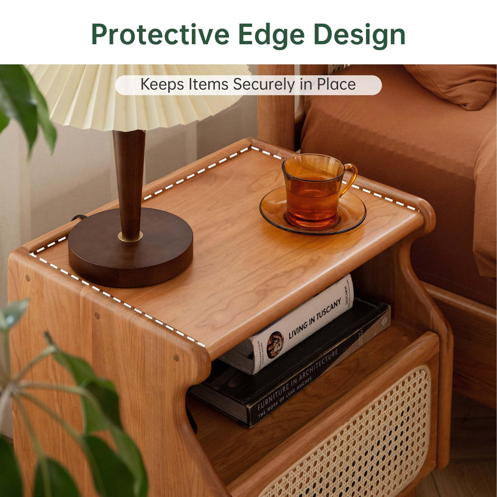 Cherry Wood Rattan Nightstand with Drawer N497677