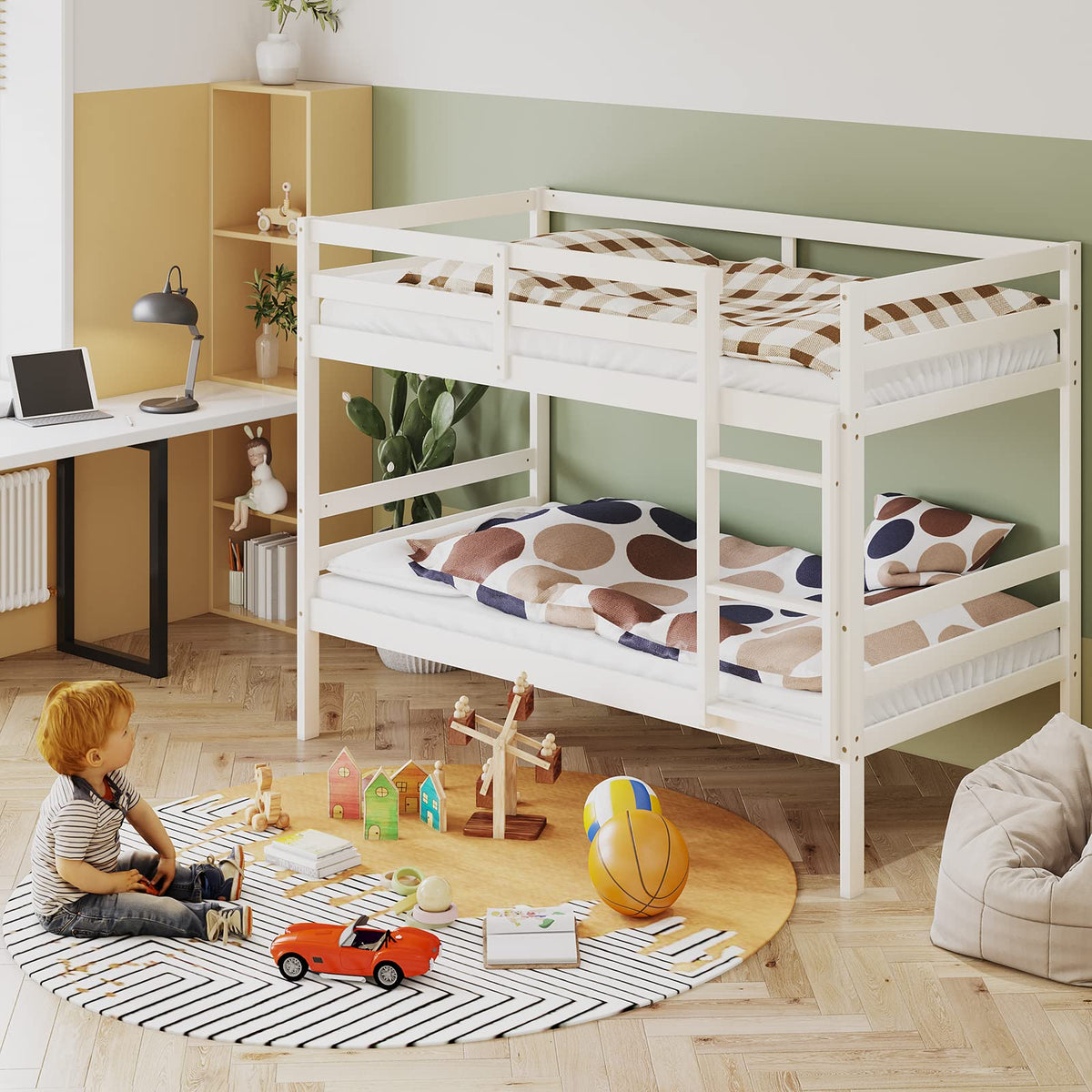 Wood Twin Over Twin Bunk Bed with Ladder & Safety Guardrail E614