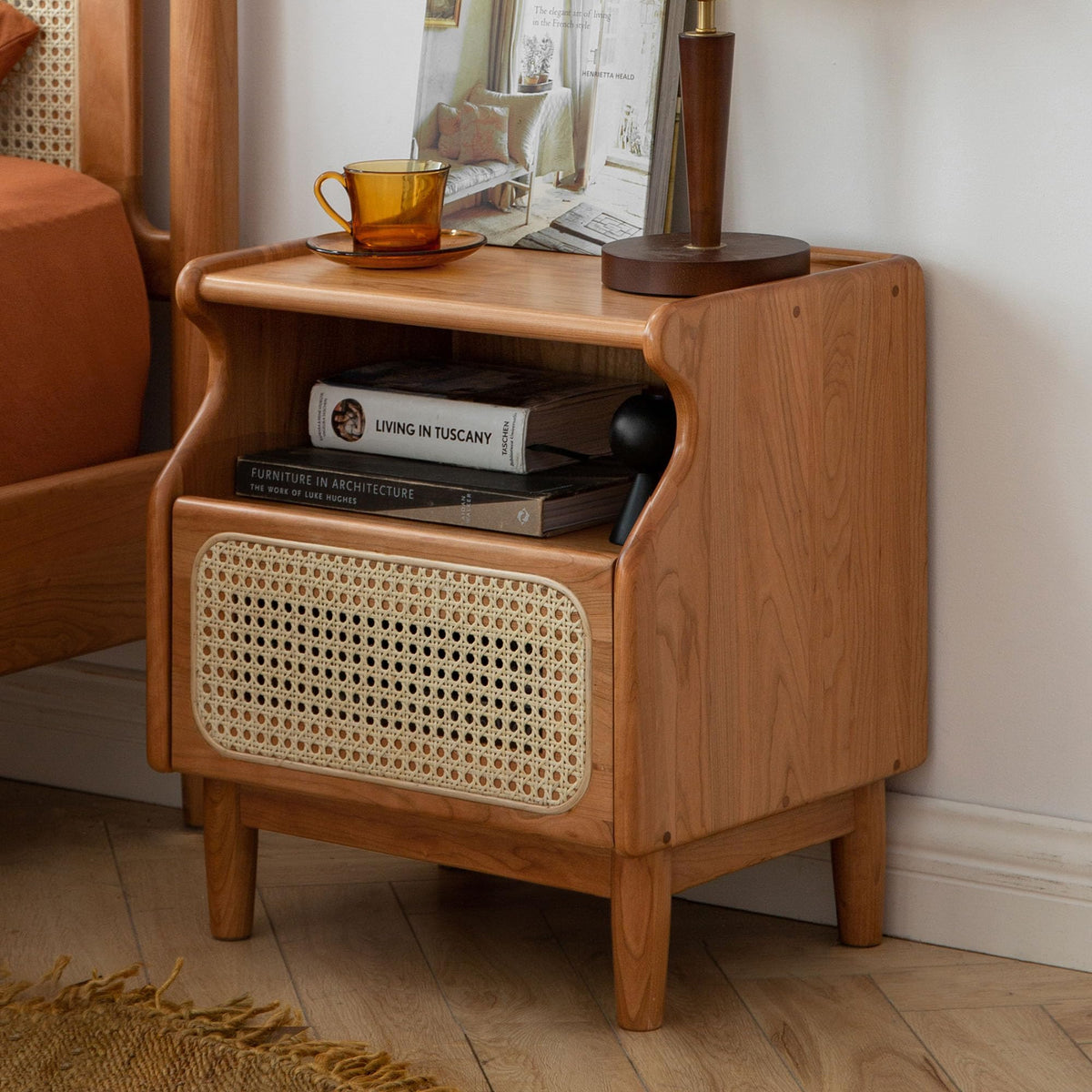 Cherry Wood Rattan Nightstand with Drawer N497677