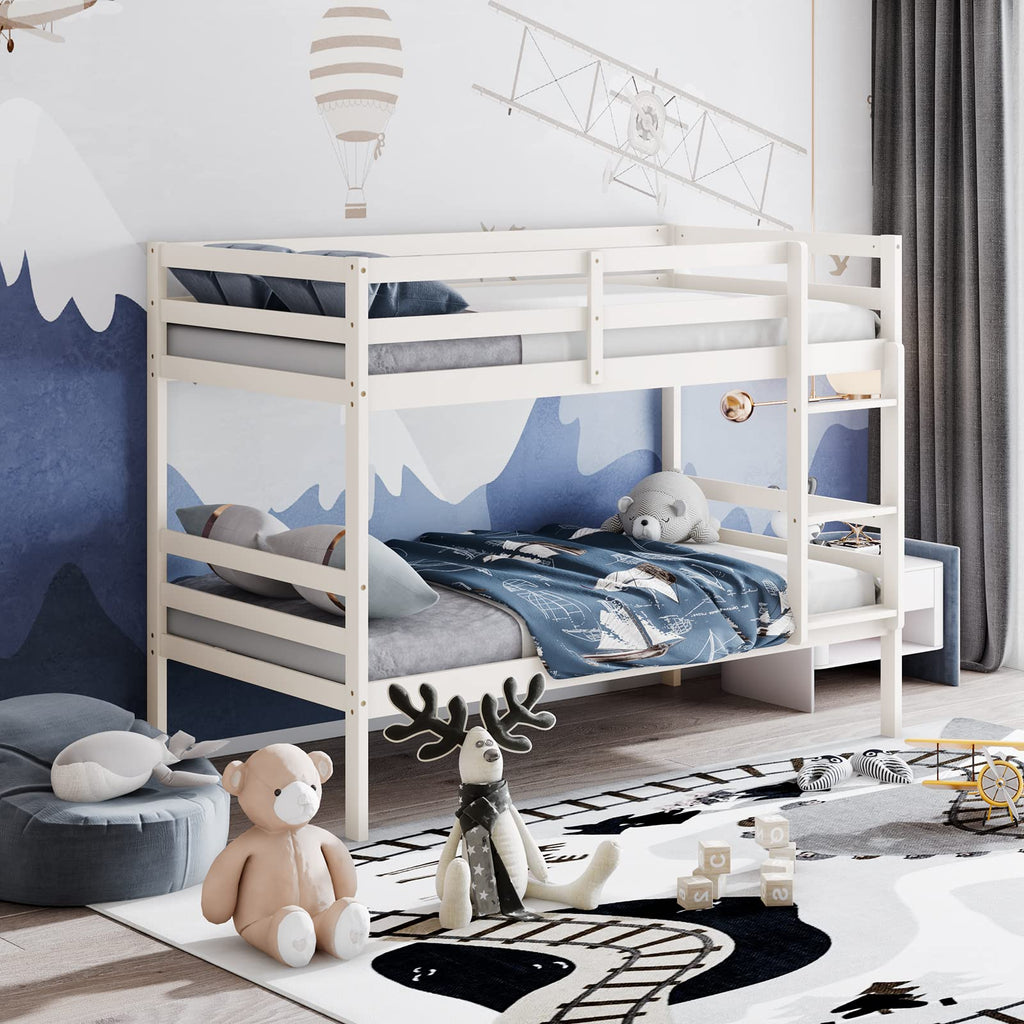 Wood Twin Over Twin Bunk Bed with Ladder & Safety Guardrail E614