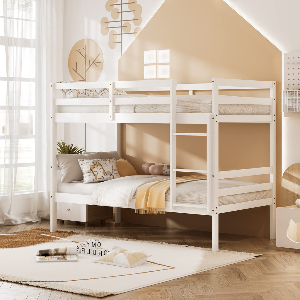 Wood Twin Over Twin Bunk Bed with Ladder & Safety Guardrail E614