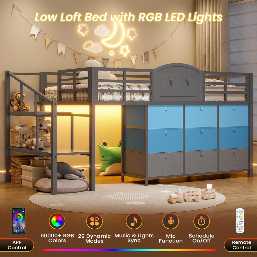 Twin Size Low Loft Bed with 9 Storage Drawers and LED Lights E858009