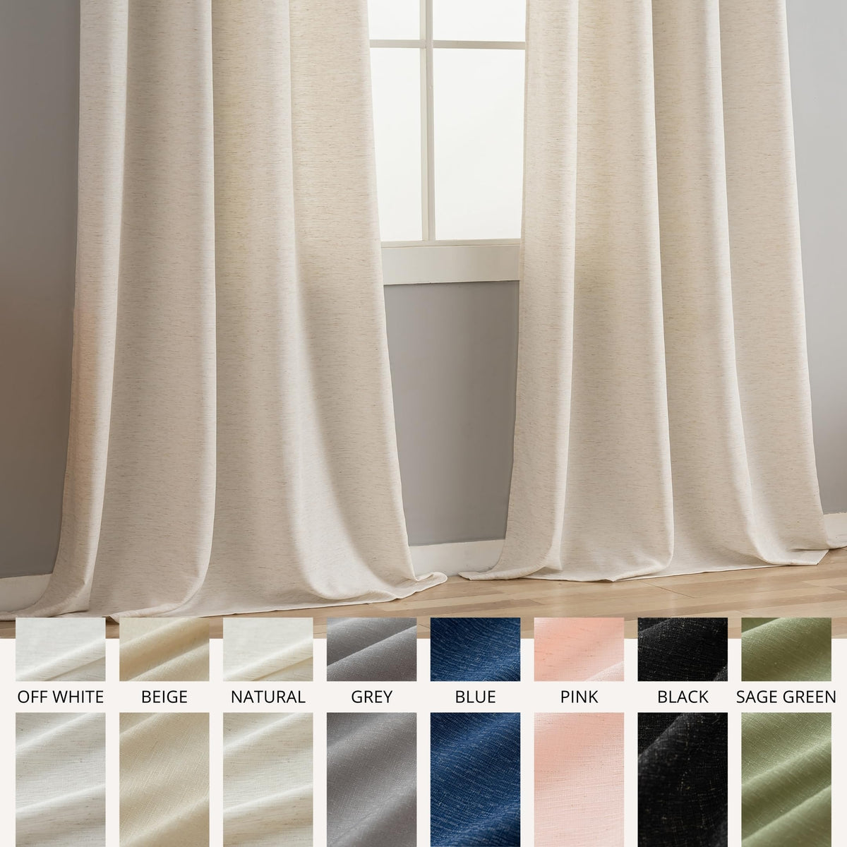Natural Linen Curtains 90 Inches Long 2 Panels Black Grommets X400745