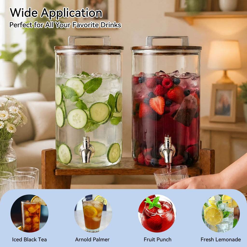 2 Pack 1 Gallon Glass Drink Dispensers with Acacia Wood Stand G86818