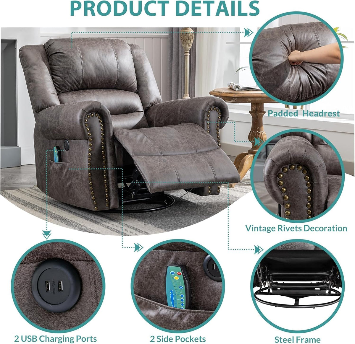 Oversized Swivel Rocker Recliner Chair with Heat and Massage P1370