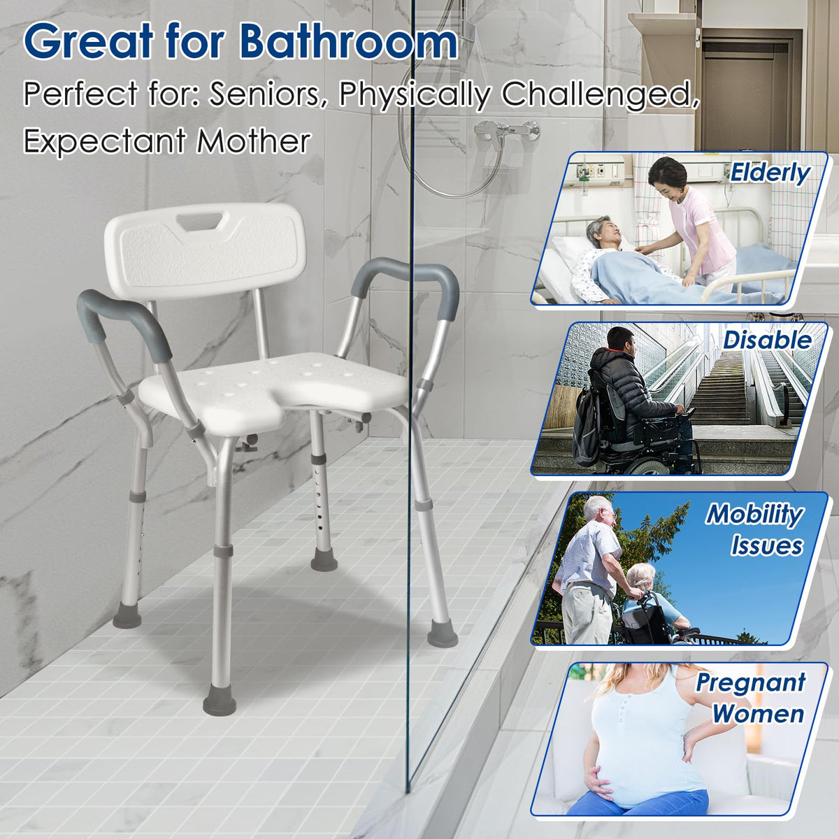 Extra Wide Padded Armrests Shower Chair, 500lbs Capacity, Aluminum I2245