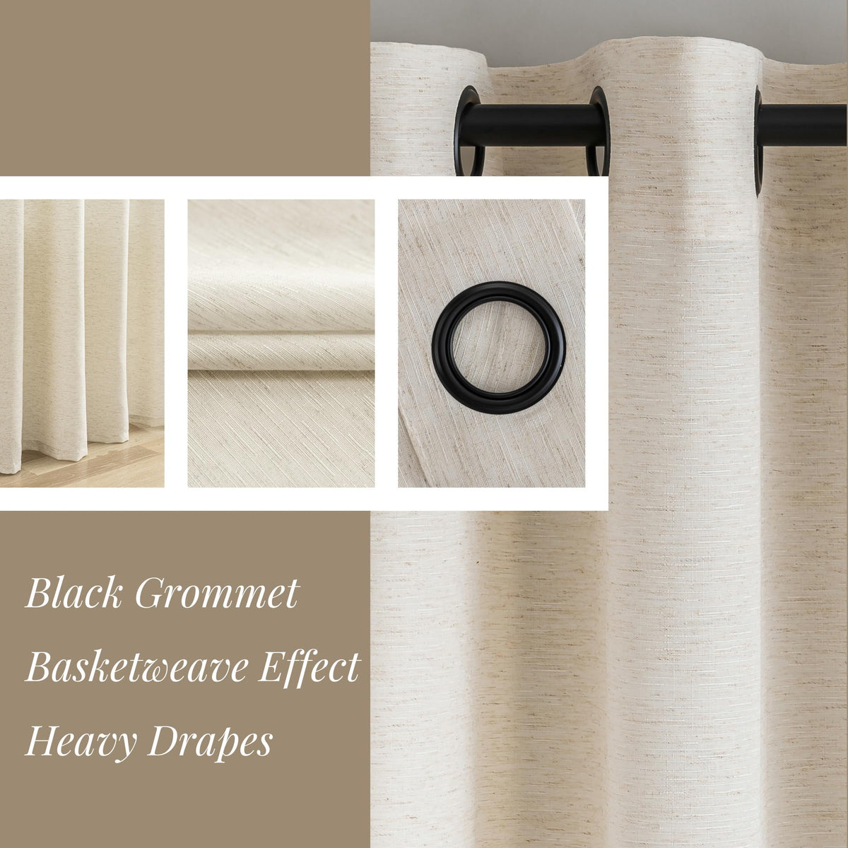 Natural Linen Curtains 90 Inches Long 2 Panels Black Grommets X400745