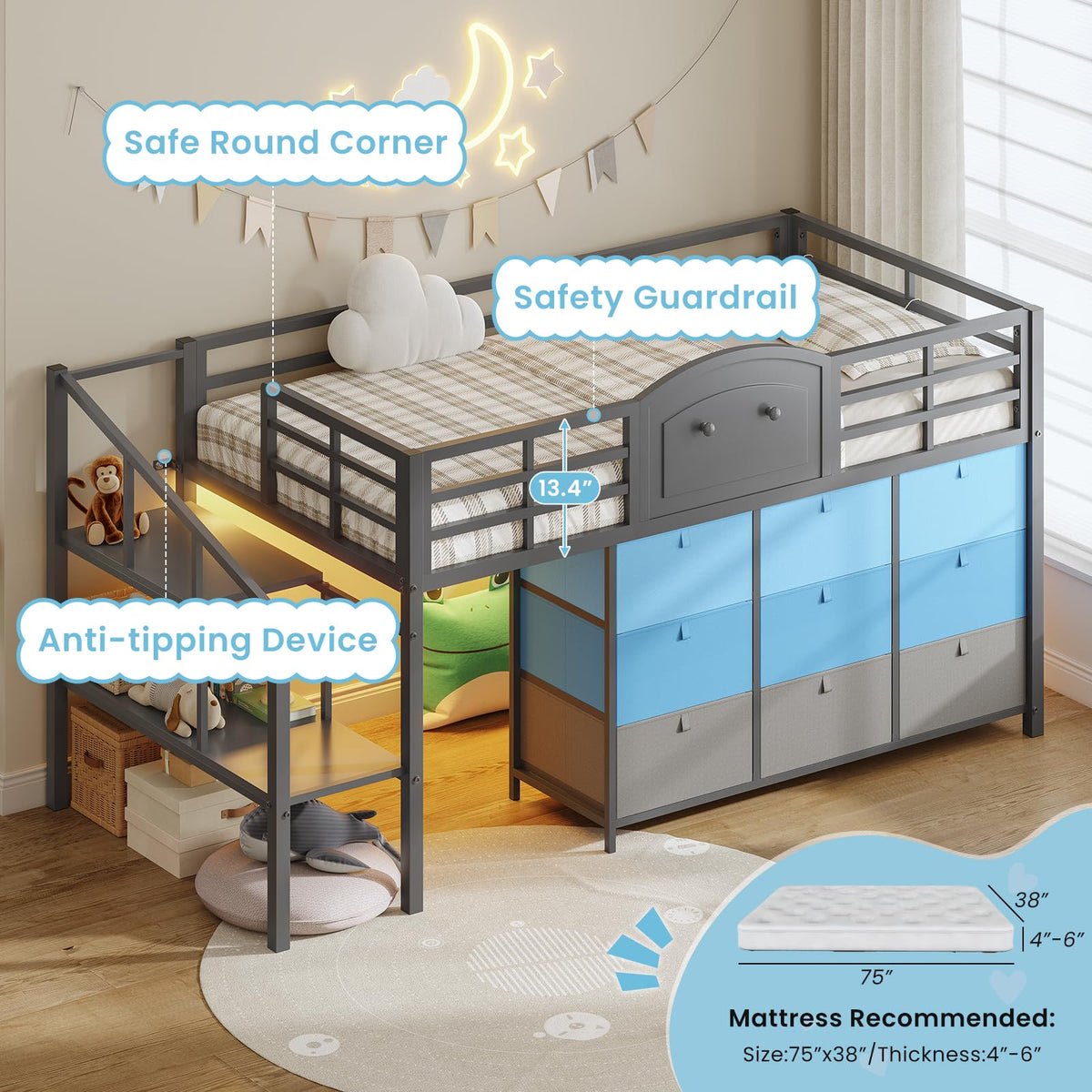 Twin Size Low Loft Bed with 9 Storage Drawers and LED Lights E858009