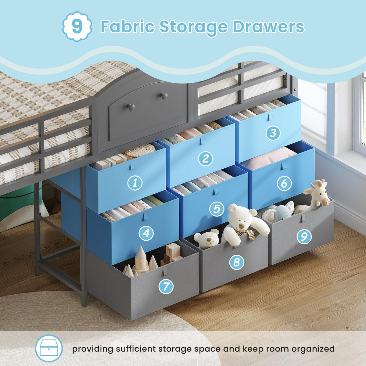 Twin Size Low Loft Bed with 9 Storage Drawers and LED Lights E858009