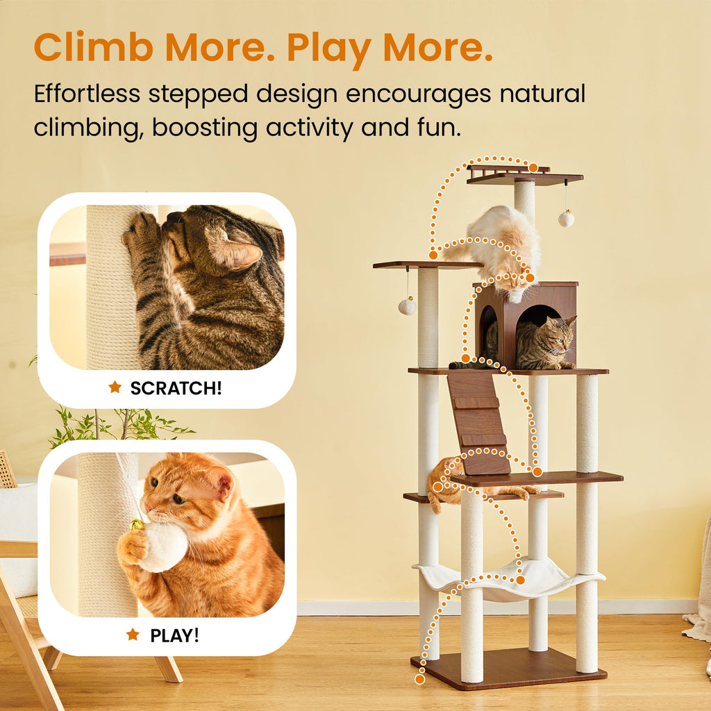 70 inch Tall Multi-Level Cat Tree with Scratching Posts, Perches, Hammock & Pad X555619