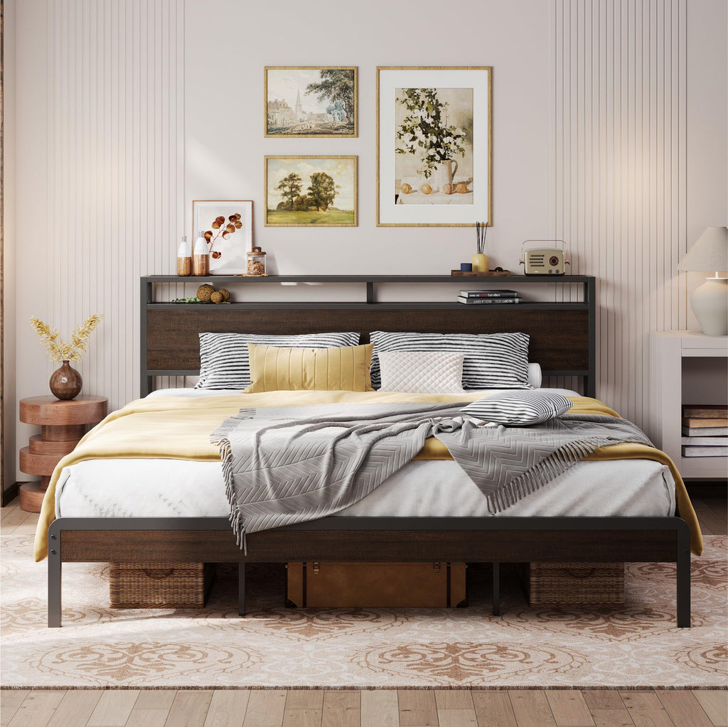California King Bed Frames with Storage Shelf Headboard C9990