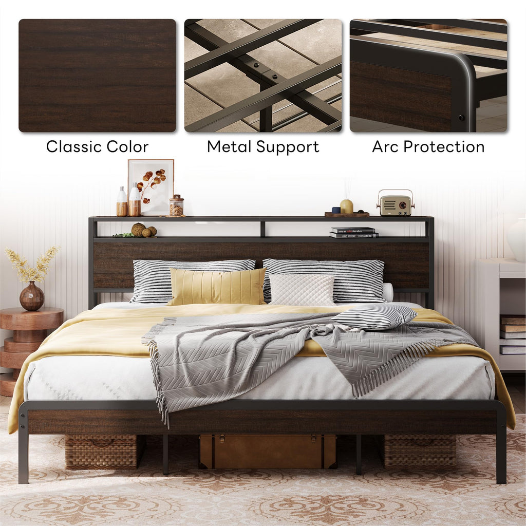 California King Bed Frames with Storage Shelf Headboard C9990