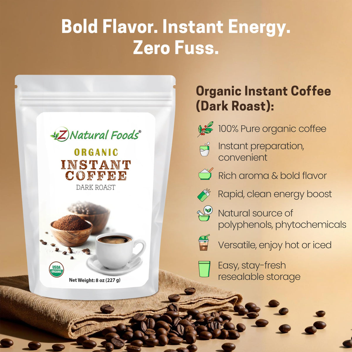 Organic Instant Coffee Powder Dark Roast Arabica 8 oz X29594