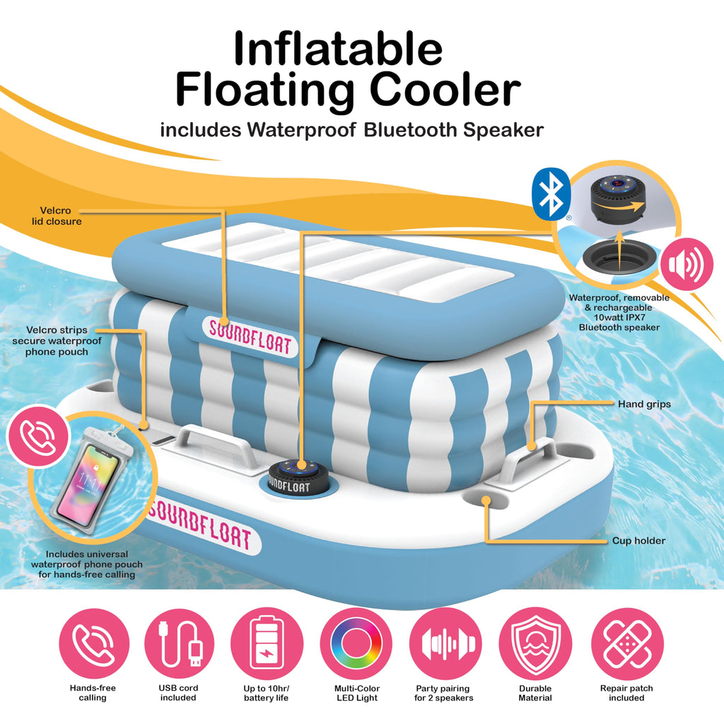 Inflatable Floating Cooler with Lid, Bluetooth Speaker, 6 Cup Holders, 24 Can Capacity Q3122