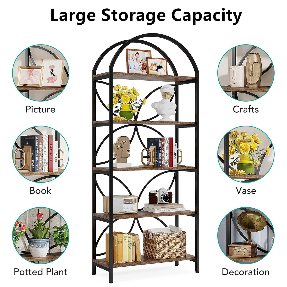 75 Inch Tall Arched 5-Tier Bookshelf H491968