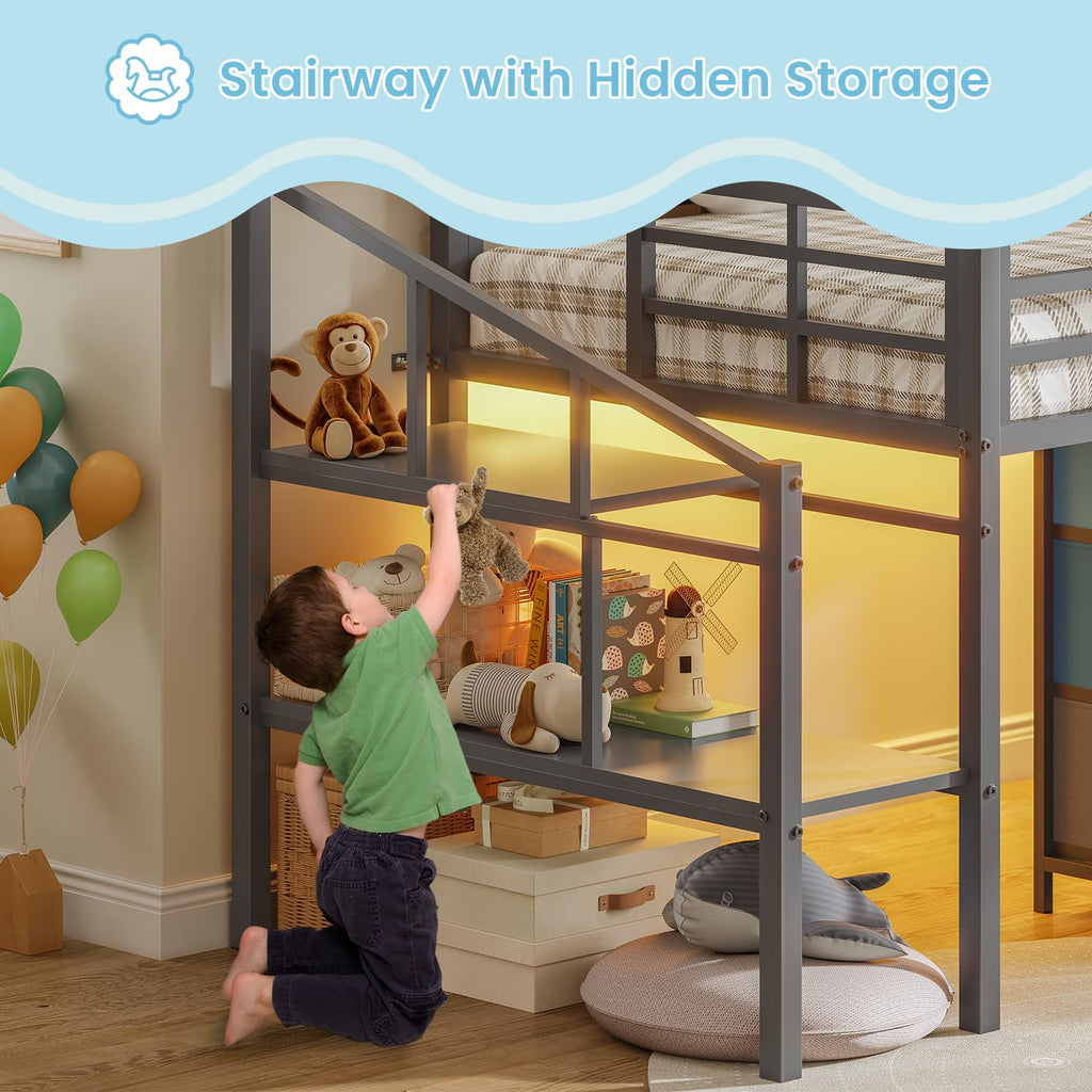 Twin Size Low Loft Bed with 9 Storage Drawers and LED Lights E858009