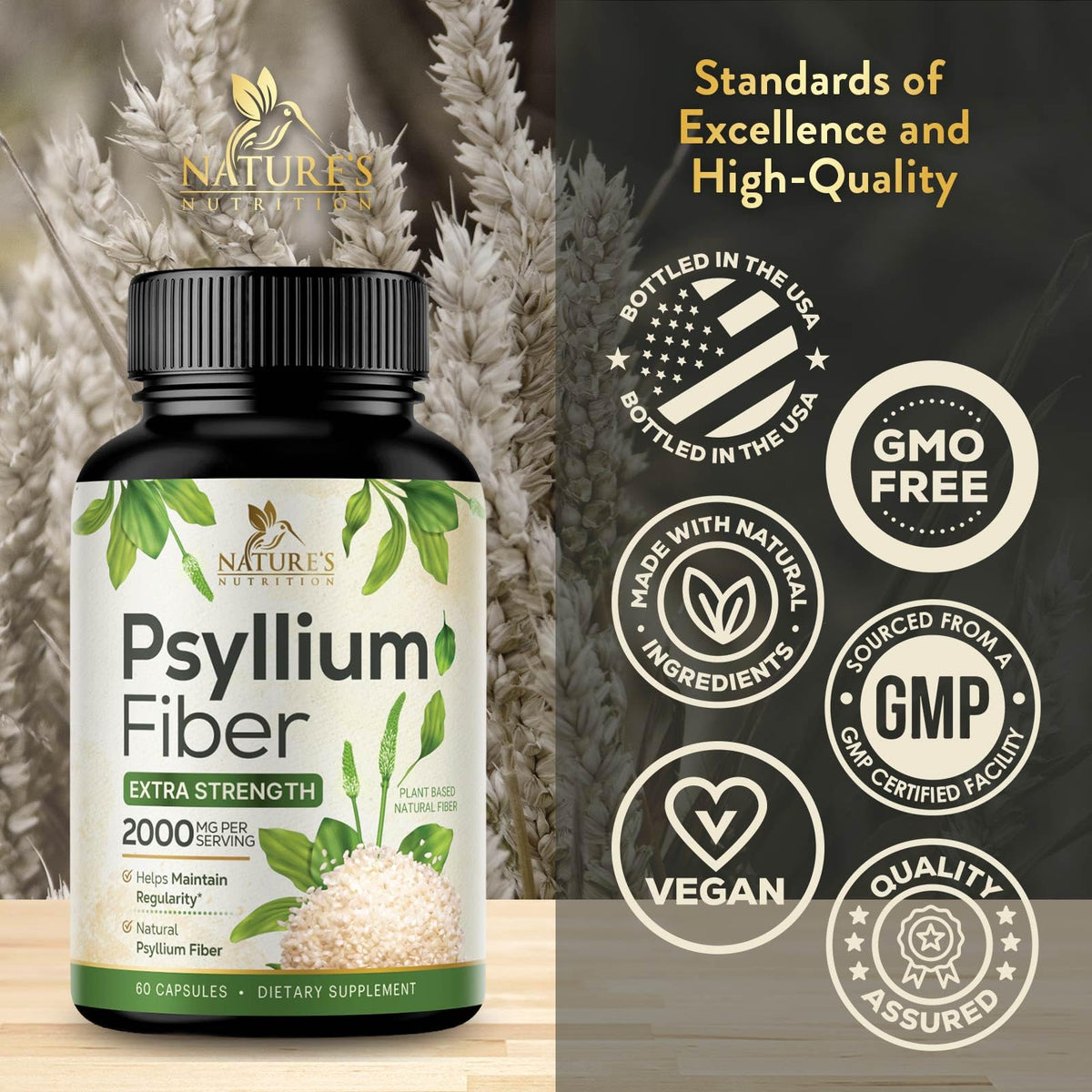 Psyllium Husk Powder 2000mg Fiber Supplement 60 Capsules Q978735