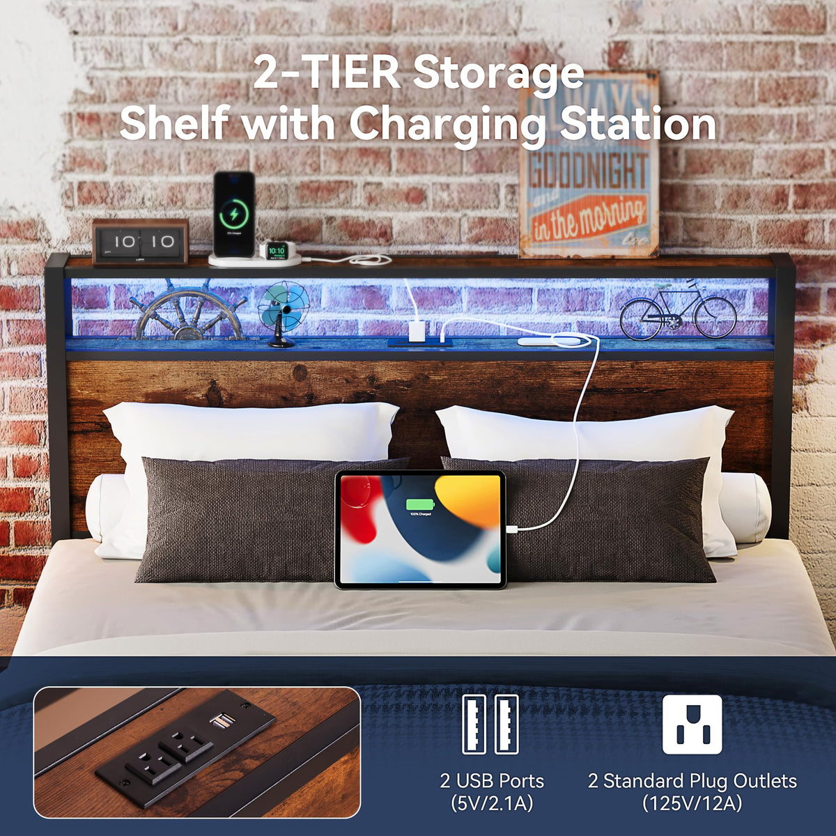 Queen Size Metal Bed Frame with Storage Headboard and Charging Station X15907