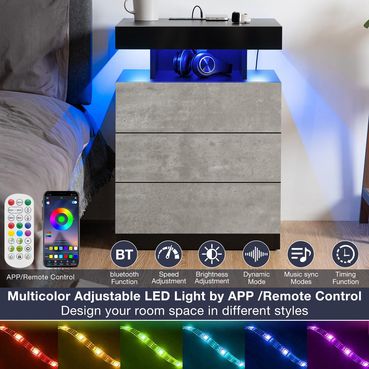 LED Nightstand with Wireless Charging Station & USB Ports, 3 Drawer High Gloss Gray F725