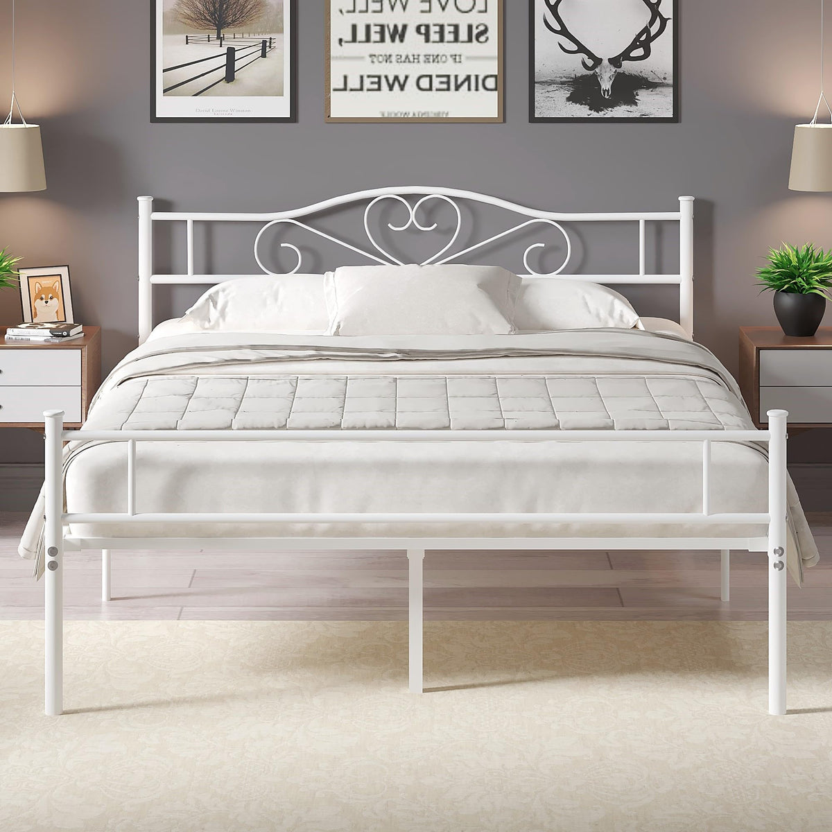 Full Size White Metal Platform Bed Frame with Headboard W992