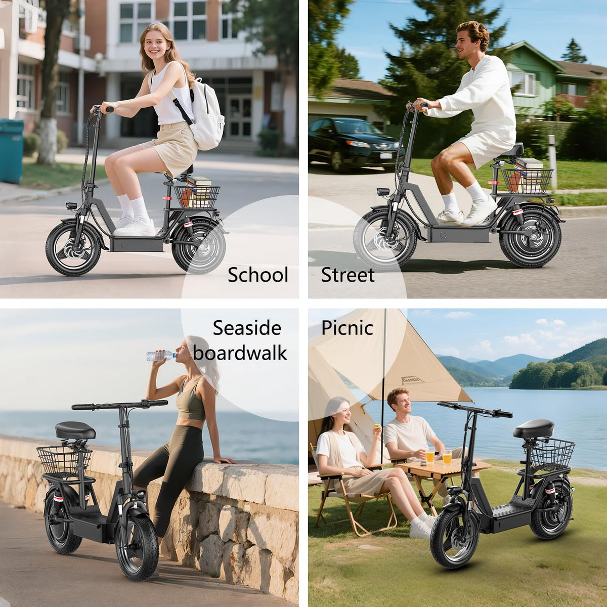 Electric Scooter with Seat, 25 MPH, 350W Motor, 15.5 Miles Range, 48V Battery, 14" Foldable O39349