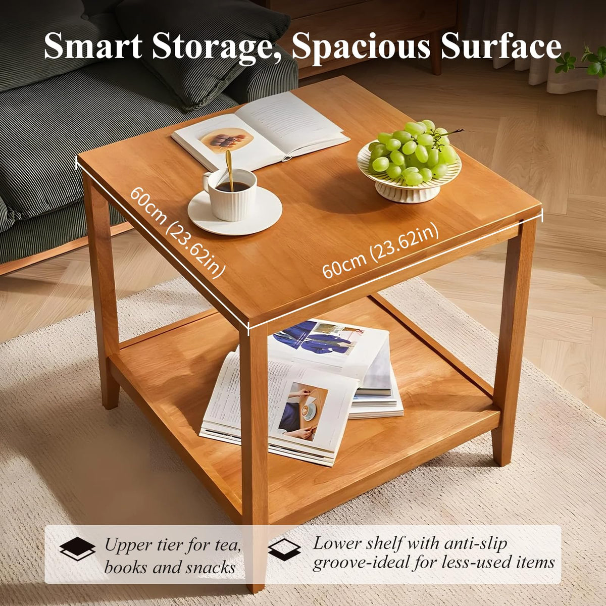 Solid Wood Square Side Table with Storage Shelf Y943575