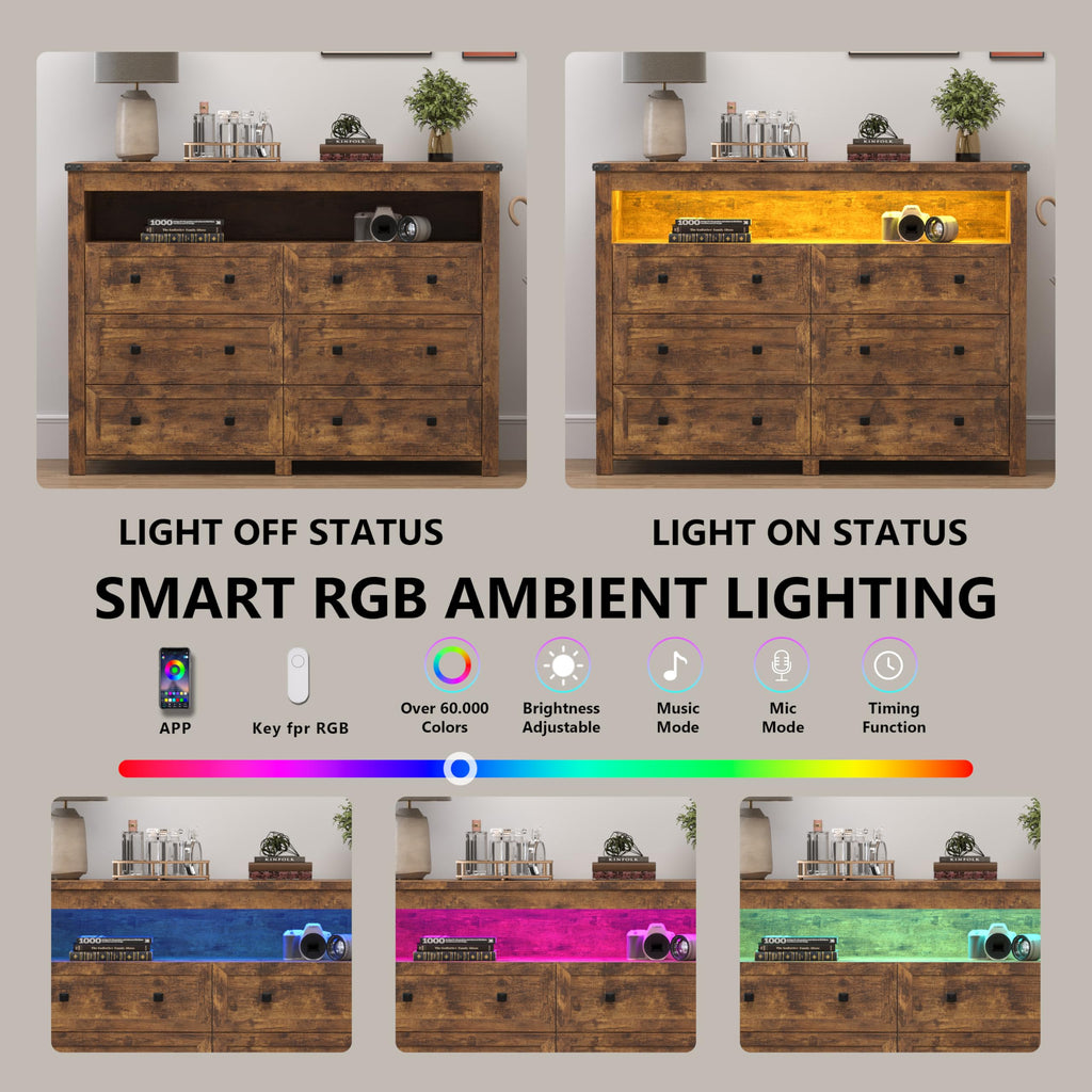 Brown 6 Drawer Dresser with LED Lights and Power Outlet N1006