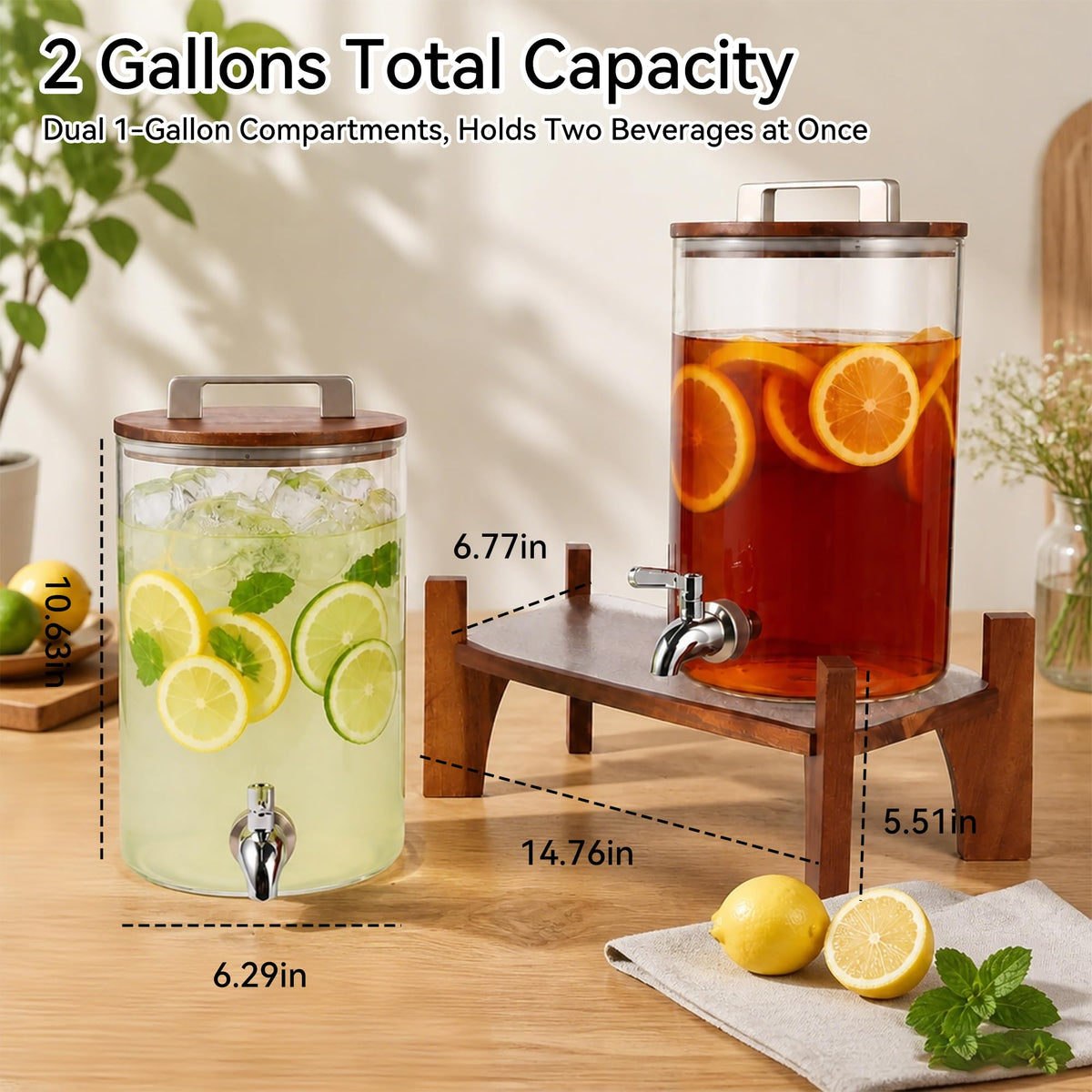 2 Pack 1 Gallon Glass Drink Dispensers with Acacia Wood Stand G86818