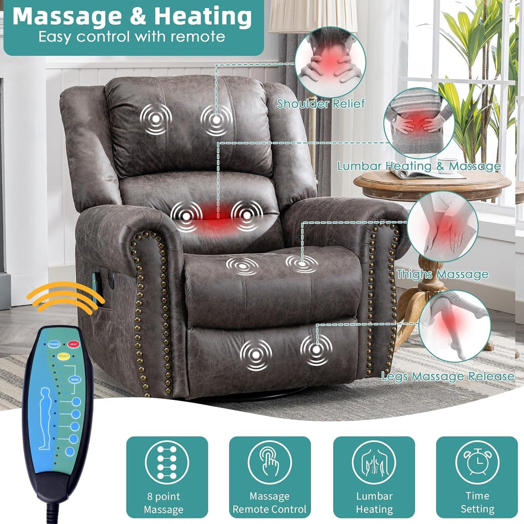 Oversized Swivel Rocker Recliner Chair with Heat and Massage P1370