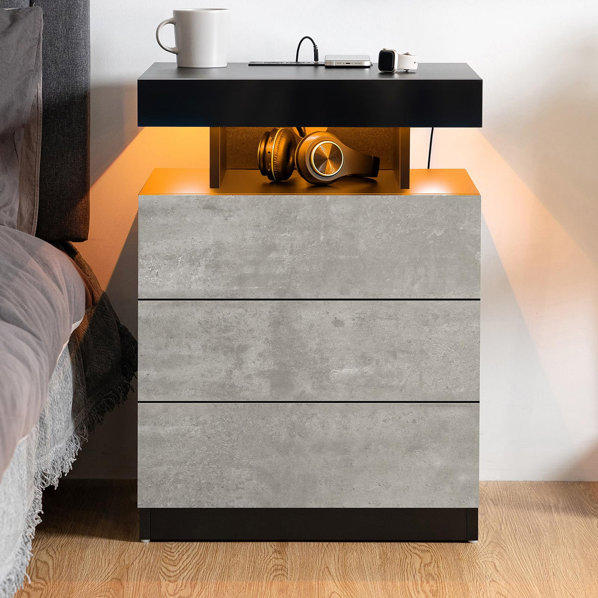 LED Nightstand with Wireless Charging Station & USB Ports, 3 Drawer High Gloss Gray F725