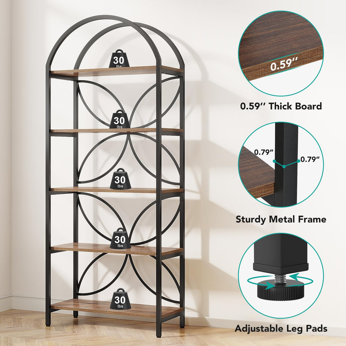 75 Inch Tall Arched 5-Tier Bookshelf H491968