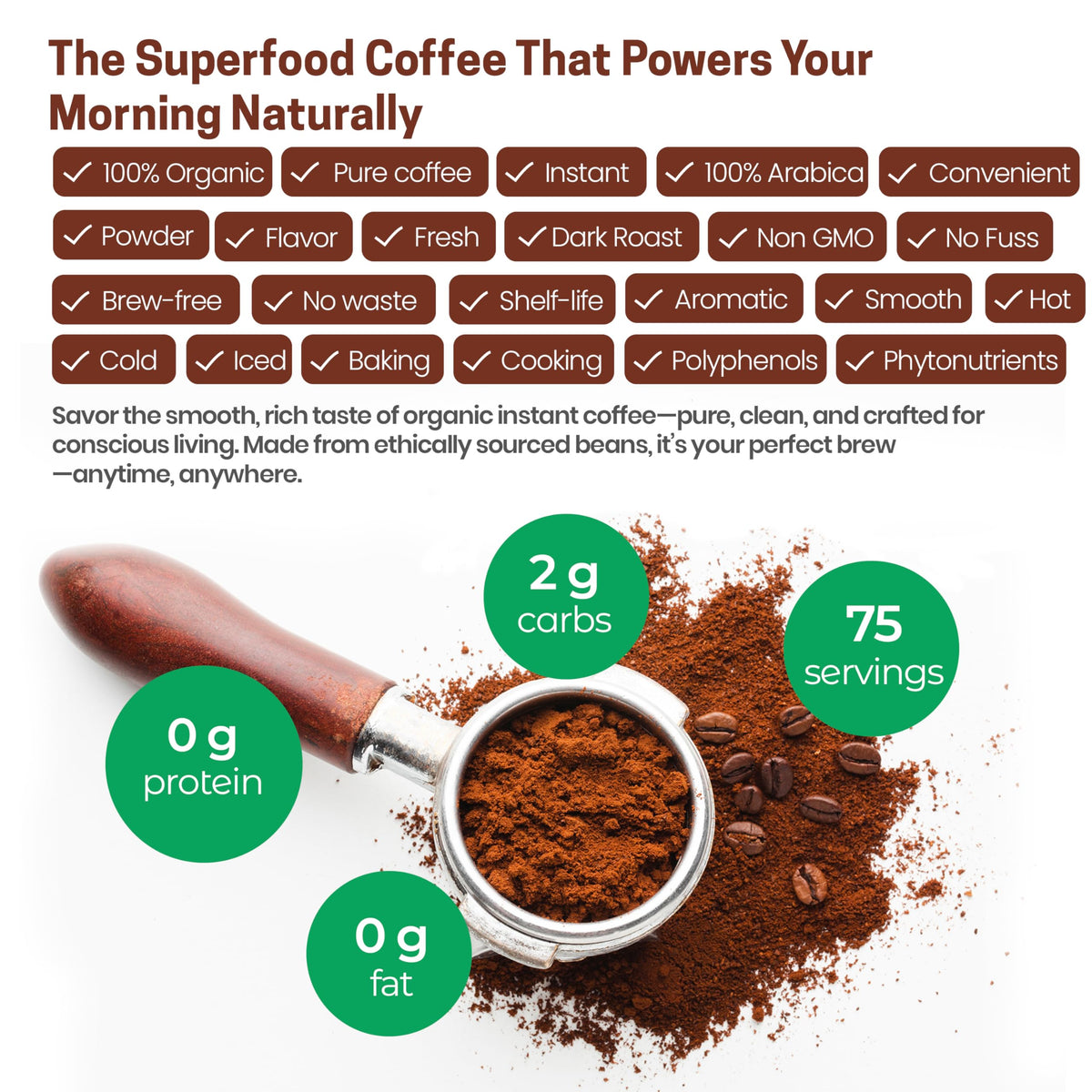 Organic Instant Coffee Powder Dark Roast Arabica 8 oz X29594