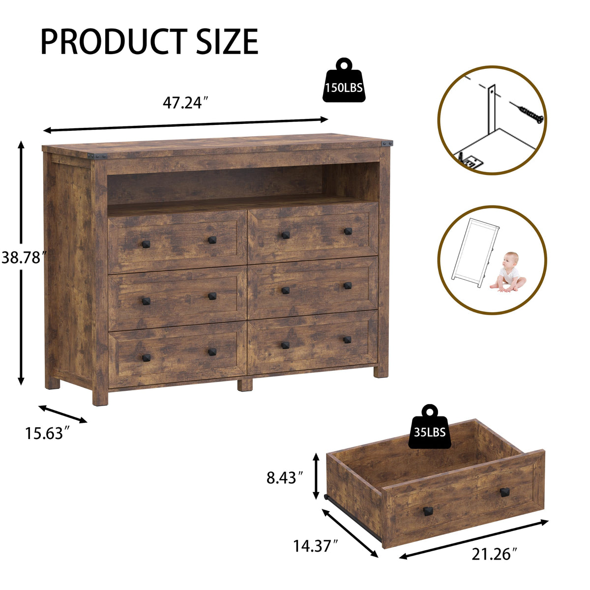 Brown 6 Drawer Dresser with LED Lights and Power Outlet N1006