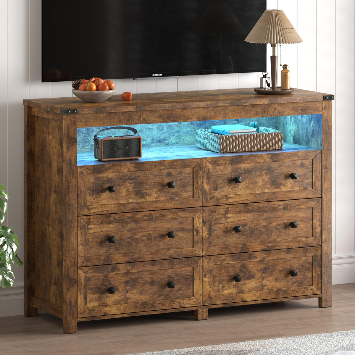 Brown 6 Drawer Dresser with LED Lights and Power Outlet N1006