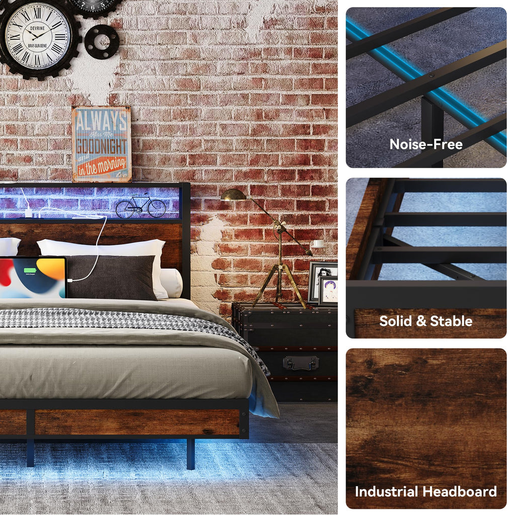 Queen Size Metal Bed Frame with Storage Headboard and Charging Station X15907