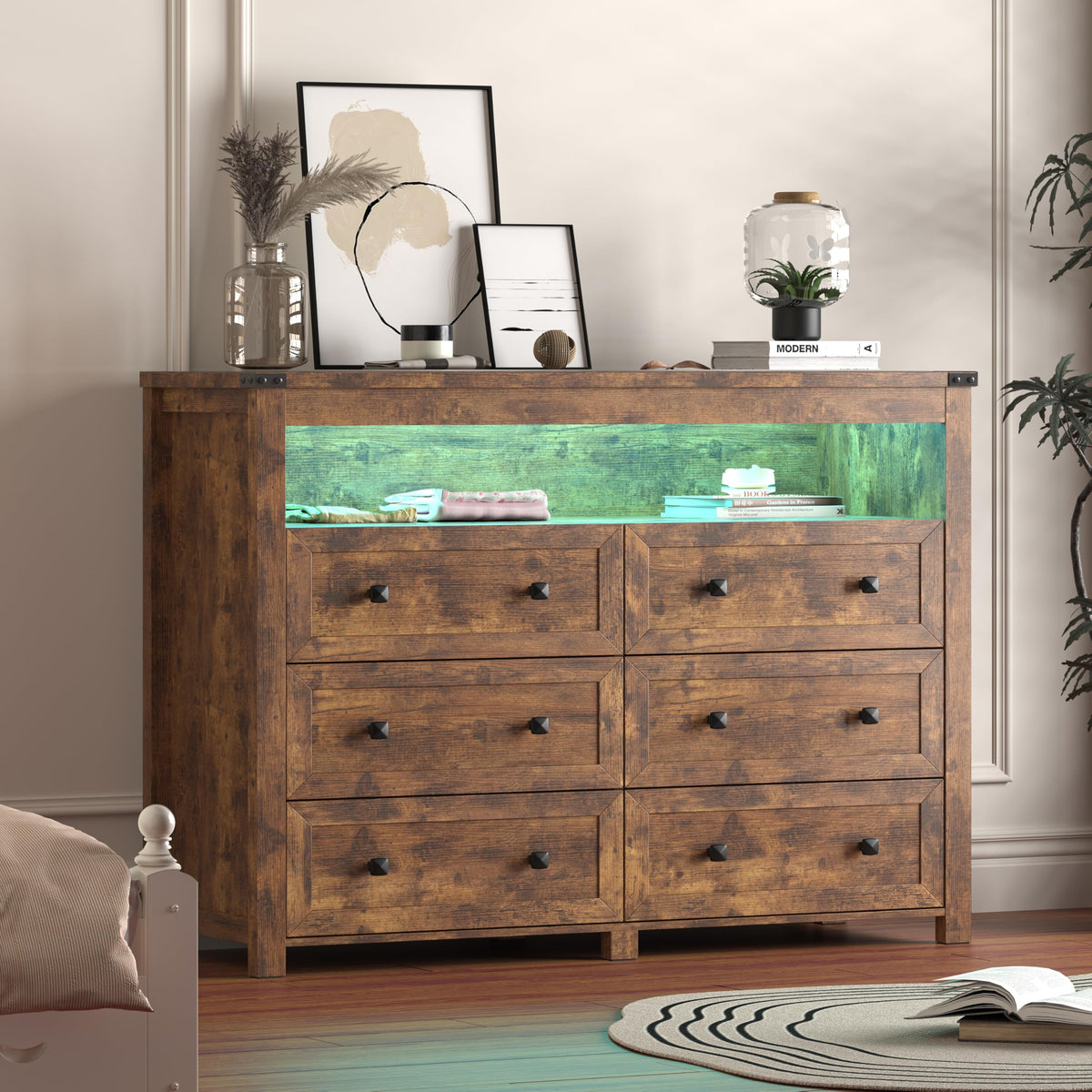Brown 6 Drawer Dresser with LED Lights and Power Outlet N1006
