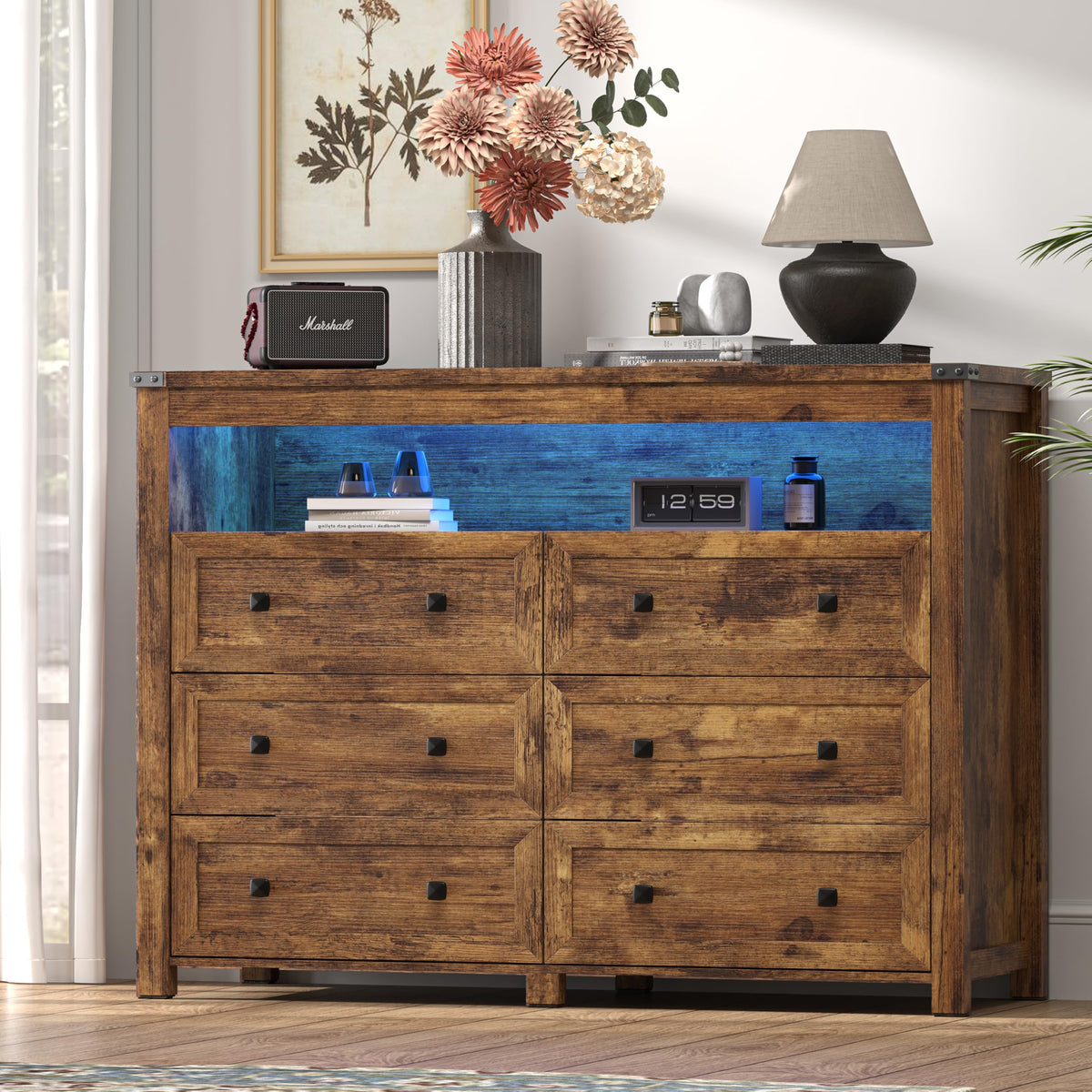 Brown 6 Drawer Dresser with LED Lights and Power Outlet N1006