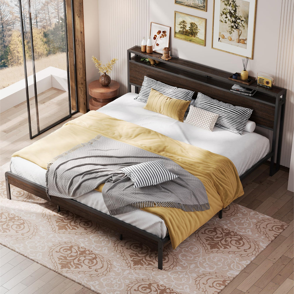 California King Bed Frames with Storage Shelf Headboard C9990