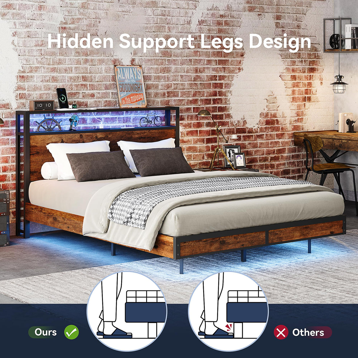 Queen Size Metal Bed Frame with Storage Headboard and Charging Station X15907
