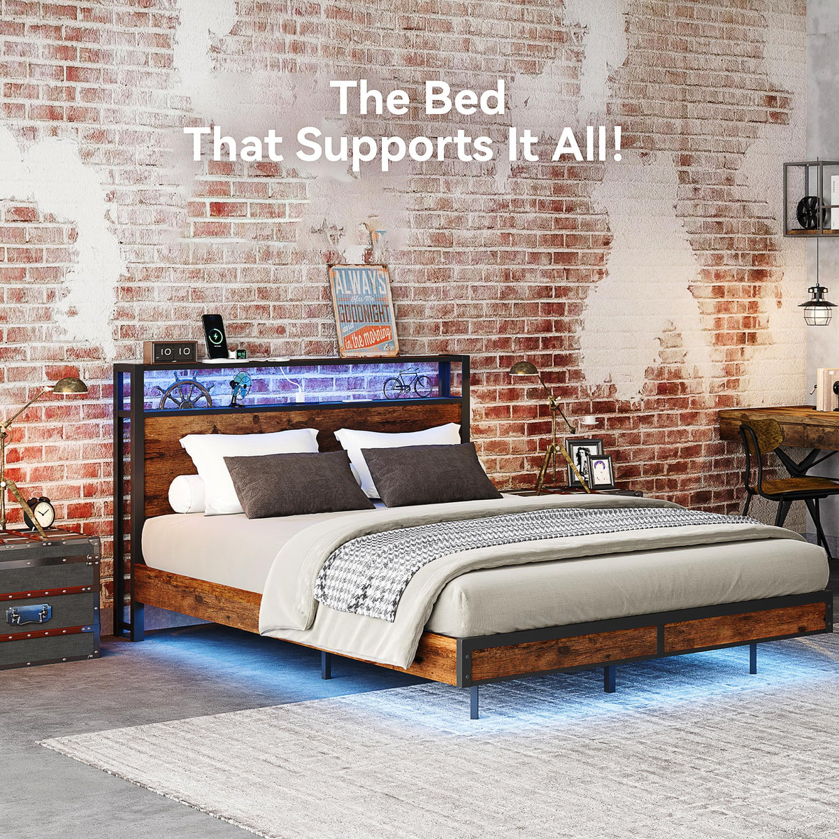 Queen Size Metal Bed Frame with Storage Headboard and Charging Station X15907